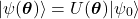 \[ |\psi(\boldsymbol{\theta})\rangle = U(\boldsymbol{\theta})|\psi_0\rangle \]