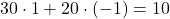 \[ 30 \cdot 1 + 20 \cdot (-1) = 10 \]