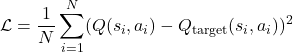 \[ \mathcal{L} = \frac{1}{N} \sum_{i=1}^N (Q(s_i, a_i) - Q_{\text{target}}(s_i, a_i))^2 \]