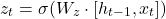 \[ z_t = \sigma(W_z \cdot [h_{t-1}, x_t]) \]