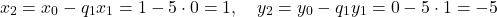 \[    x_2 = x_0 - q_1 x_1 = 1 - 5 \cdot 0 = 1, \quad y_2 = y_0 - q_1 y_1 = 0 - 5 \cdot 1 = -5    \]